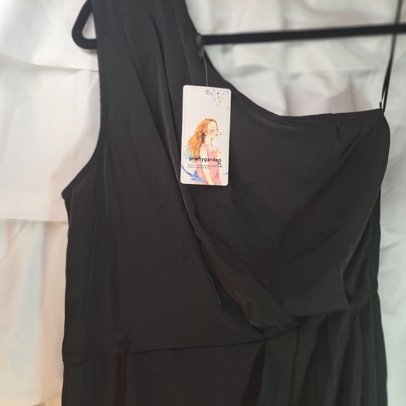 Pretty Garden Dress Satin One Shoulder Black Draped Midi Size S - Picture 2 of 3